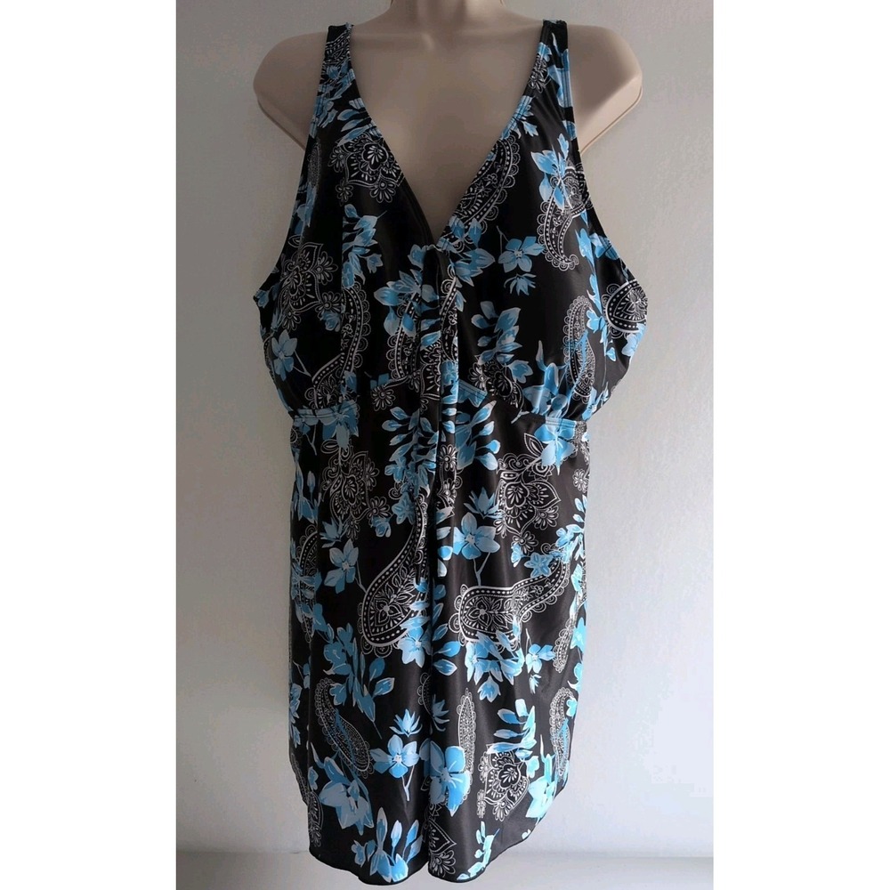 Yonique Plus Size Floral Paisley Blue & black Bathing suit Top Womens Size 24W